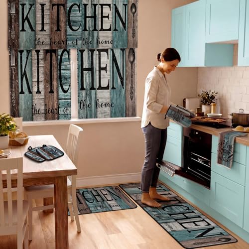 12-Piece Farmhouse Kitchen Decor Set, Teal Kitchen Linens, Rugs, and Curtains