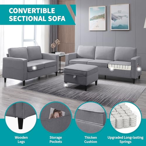 78-Inch L-Shaped Sectional Sofa with Storage Ottoman and Side Pockets