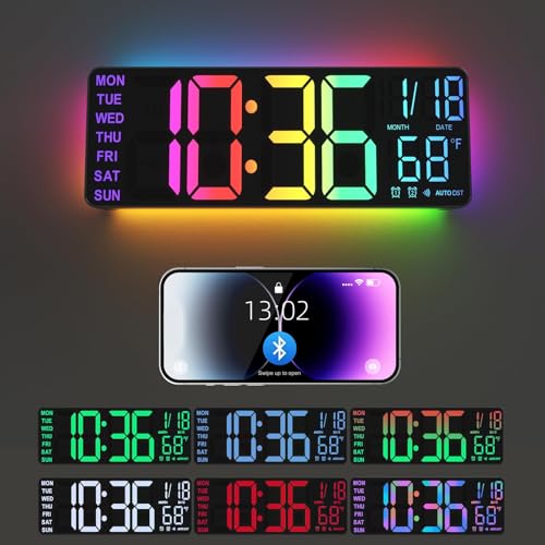 YISILE 13-Inch Black Digital Wall Clock with Night Light, RGB Colors, Dual Alarms & Voice Control