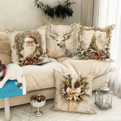 NSSHEL 4 Pcs Christmas Throw Pillow Covers - Santa, Xmas Tree & Elk Designs, 18x18 Inch, Short Plush, Single-Sided Print, Style 2