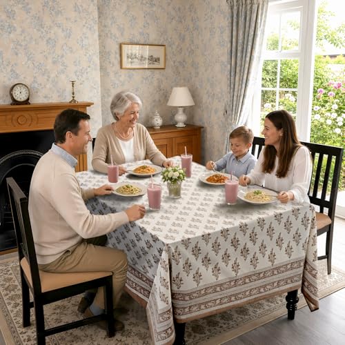 Ridhi Quiet Earth 140x72 Inch Hand Block Print Rectangle Tablecloth - Elegant Cotton Decor