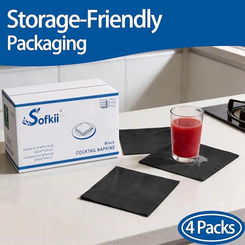 Sofkii Black Cocktail Napkins 400 Count - 4 Packs, 2-Ply, 4.75x4.75 Inch, Disposable Bar & Party Supplies