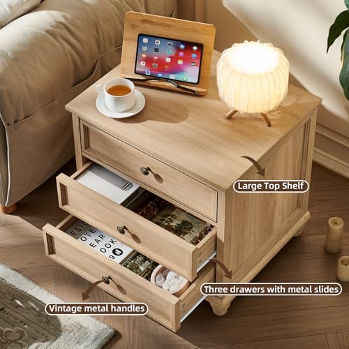 24-Inch Farmhouse 3-Drawer Nightstand Set of 2, Rustic Wood Bedside Table