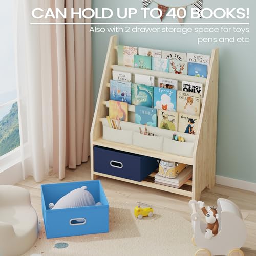 4-Tier Kids Bookshelf and Toy Organizer with Storage Bins, Solid Pine Wood