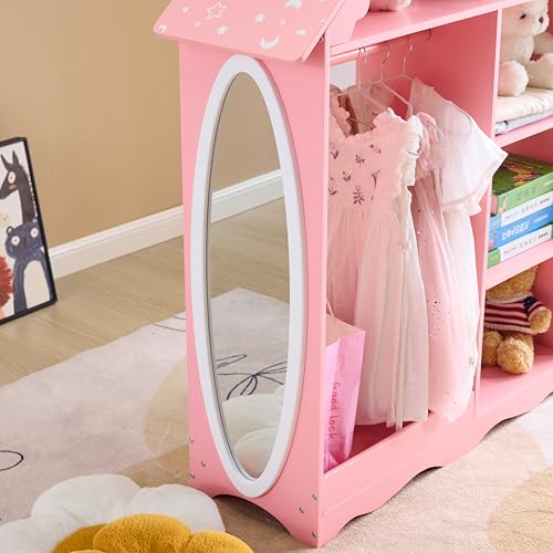 Kids Dollhouse Dress Up Storage Wardrobe with Mirror and Hanging Rod
