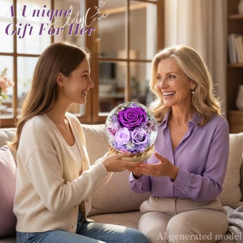 Preserved Purple Rose in Glass Dome with LED Lights, Eternal Flower Gift