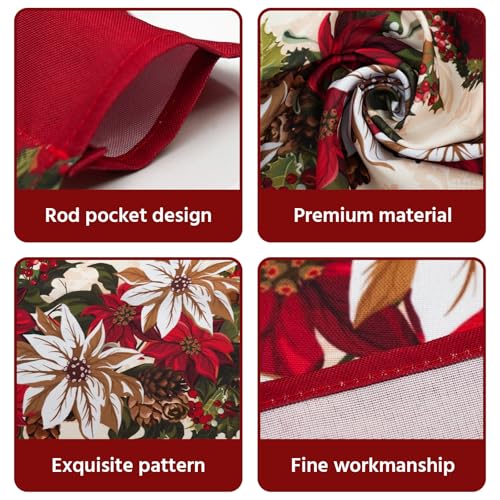 Red Christmas Flower Kitchen Curtains Set - Holiday Plaid & Snowflake Valances