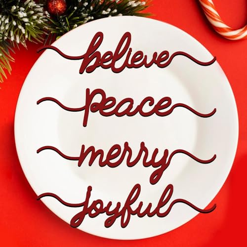 Aukolass 4 Red Christmas Wood Place Card Signs Holiday Table Decor