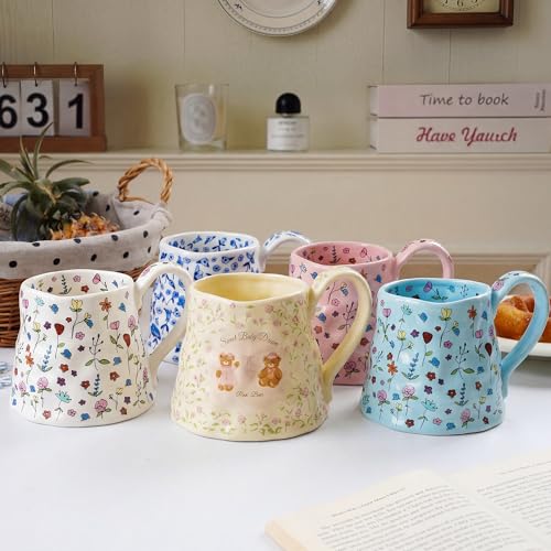 Movlen White 20oz Large Ceramic Floral Mug with Handmade Irregular Shape & Big Handle — Pink Girly Tea & Coffee Cup for Women, Mothers Day, Christmas