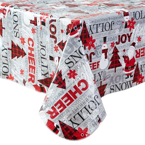 Newbridge 60 x 102 Inch Christmas Joy & Cheer Vinyl Tablecloth - Red Plaid Holiday Decor