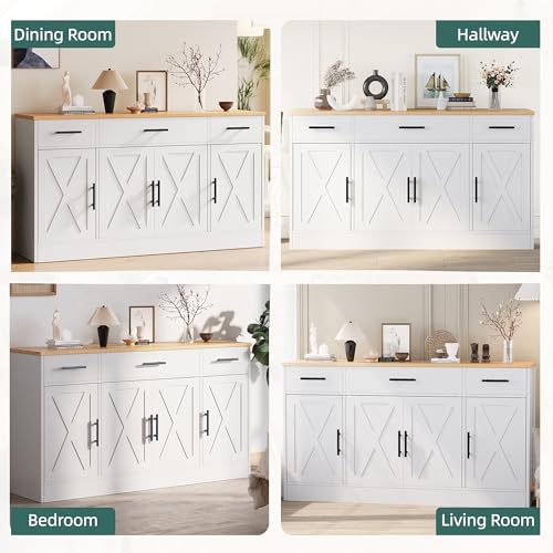 Farmhouse Wood Buffet Sideboard Cabinet with 3 Drawers & 4 Doors, 53.4"