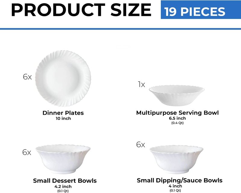 Borosil Gourmet Dinnerware Set For 6, 19 Pieces, White Dinner Plates and Bowls Sets, Chip Resistant Tempered Opal Glass, Stain Resistant, Dishwasher & Microwave Safe Dinner Set For Gifting, Serves 6