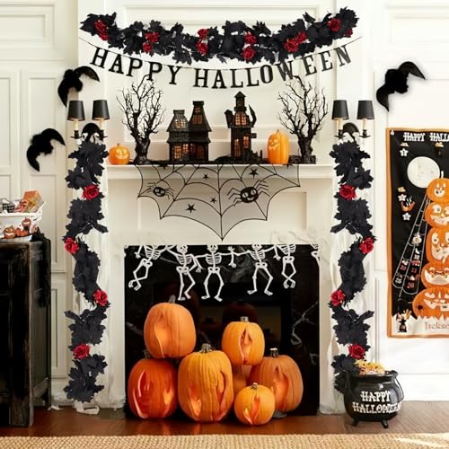 Artificial Black Maple & Red Rose Garland - 5.7ft Hanging Vine (2 Pack)