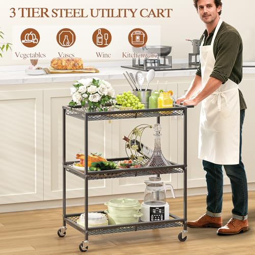 3-Tier Heavy-Duty Rolling Utility Cart with Lockable Wheels and Handle