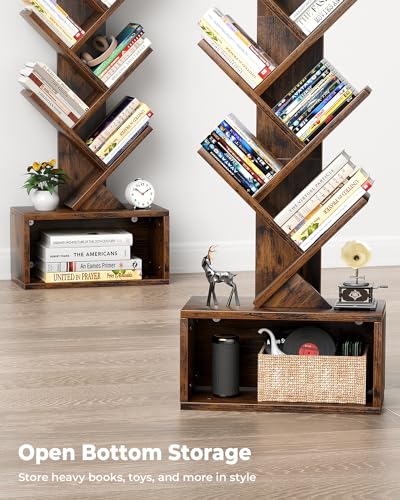 6-Tier Tree Bookshelf with Adjustable LED Lighting, Rustic Brown