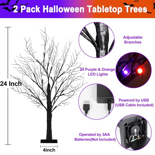 Halloween Tabletop Trees - 2 Pack 24 Inch with Orange & Purple Lights