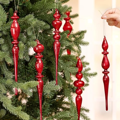 Red 11 Inch Mercury Glass Finial Christmas Ornaments — Set of 6 by Yousoontic (Red)