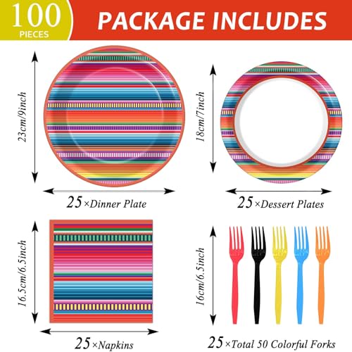 100-Piece Mexican Fiesta Party Supplies Set with Plates and Napkins