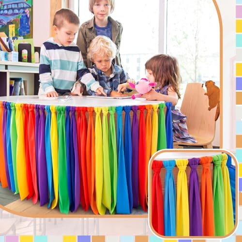 Rainbow Fringe Table Skirt 14ft x 30in for Classroom Desks and Party Decor