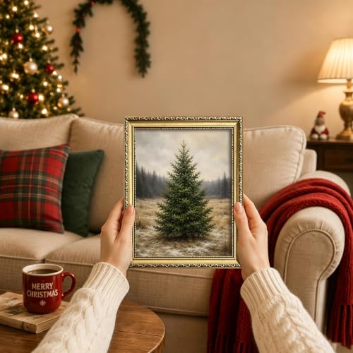 A-Tree Framed 10x8 Vintage Gold Christmas Tree Wall Art — Rustic Winter Canvas Print