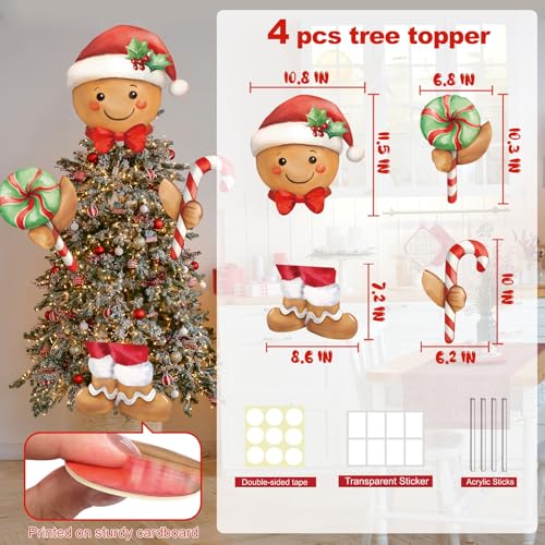 Gingerbread Man Christmas Tree Topper Set - 4-Piece Festive Holiday Decor