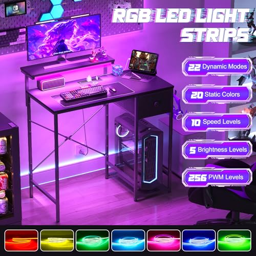 33.5" Compact Gaming Desk with LED Lights, Power Outlets, and Storage Drawer