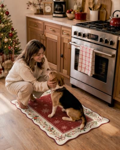 Lahome Red Christmas Kitchen Rug 2x3 ft with Scalloped Edges, Snowflake Pattern