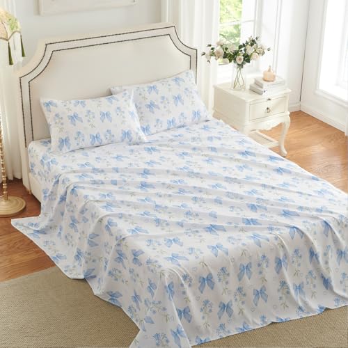 CCoutueChen Blue Bow & Floral Twin Sheet Set - Microfiber Bedroom Bedding