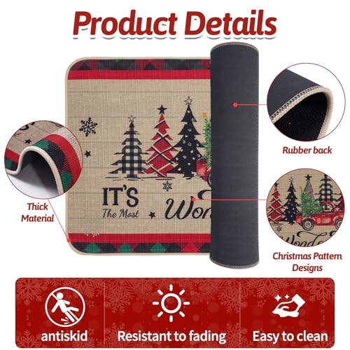 Christmas Kitchen Mats Set of 2 - Truck & Tree Runner Rugs, Brown