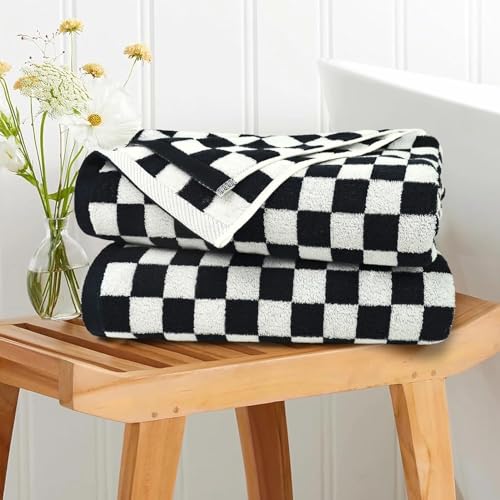 Black and White Checkered Cotton Bath Towels - 27.5" x 55" Set of 2