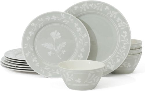 Martha Stewart Dinnerware Set - Maiden Crown 12-Piece Floral Dish Set in Sage Green | Microwave & Dishwasher Safe
