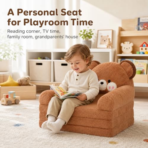 2-in-1 Fold Out Toddler Sofa Chair - Comfy Bear Kids Couch for Ages 1-4
