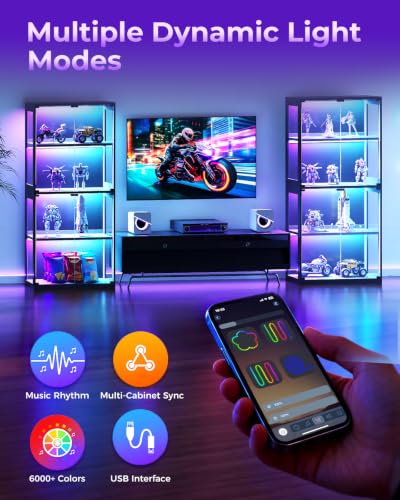 AODK 62 Inch RGB Lighted Glass Display Cabinet, 4-Tier Curio Cabinet