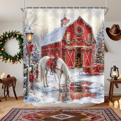 Farmhouse Christmas Shower Curtain Red Barn & White Horse - 72x72 Inch