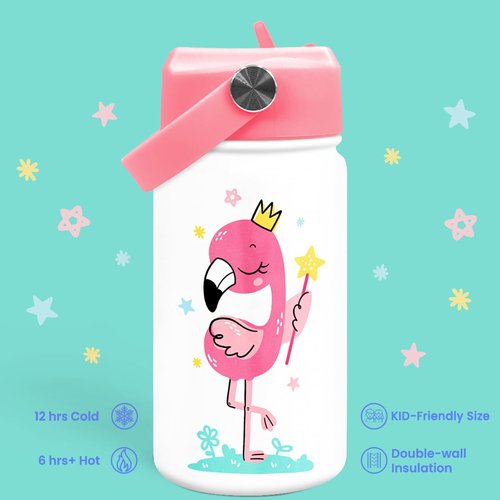 Flamingo Water Bottle - Kids Water Bottle with Straw Lid - 12 Oz Insulated Stainless Steel Water Bottles for Kid Girls - Travel Cup for School Sports