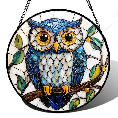 Blue Owl Bird Theme Stained Glass Suncatcher 15" Window Hanging