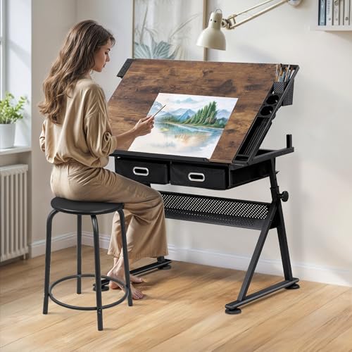 Adjustable Drafting Table Set with Charging Station and Stool