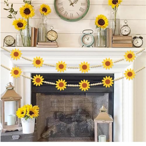 Farmhouse Wood Bead Garland with Felt Sunflowers and Tassels - 55 Inch