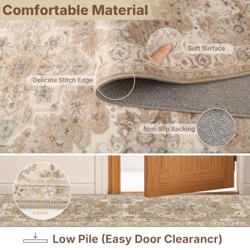 Articosy 3-Piece Boho Kitchen Rug Set with Runner - Washable Non-Slip, Low Pile, Stain Resistant, Beige Cream