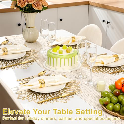 Set of 4 Round Gold Metallic Placemats, Heat-Resistant Floral Table Mats