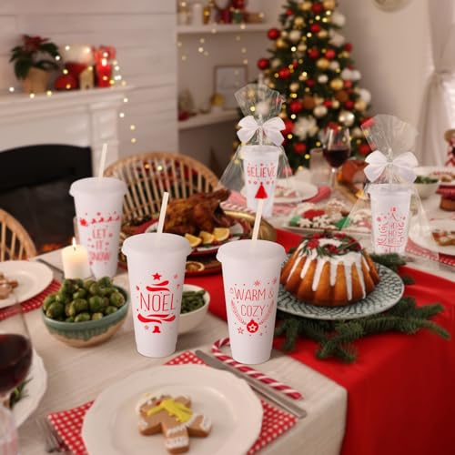 Potchen 12 Pcs Christmas Plastic Tumblers with Lids, Straws, Bow in White - 24 oz Travel Cups