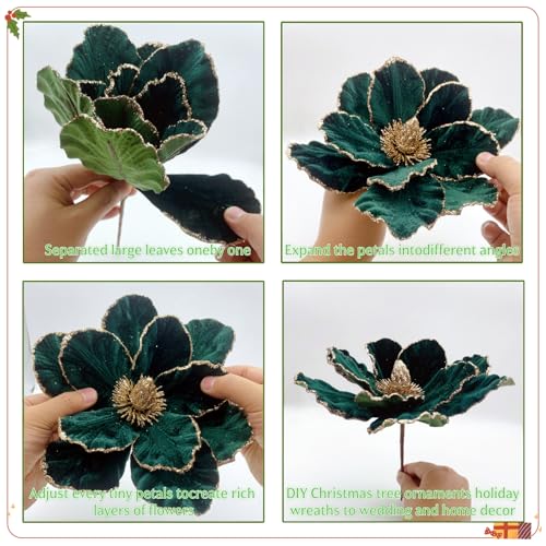 12 Pcs Velvet Poinsettia Flowers Ornaments for Christmas Tree - Dark Green, 8.8 Inch