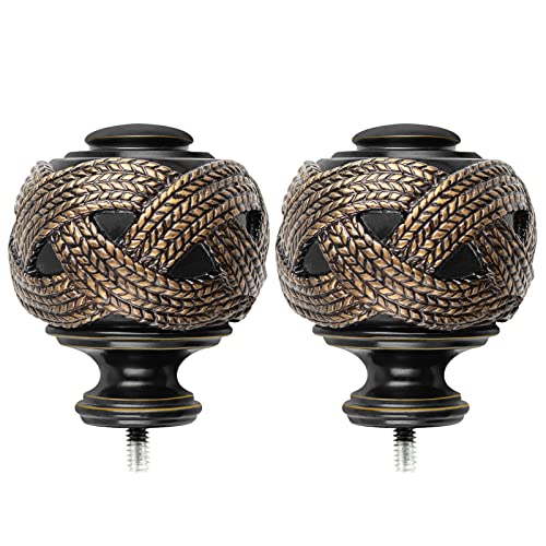 Woven Leaf Curtain Rod Finials for 1-Inch Rods, Black Decorative Caps (2 Pack)