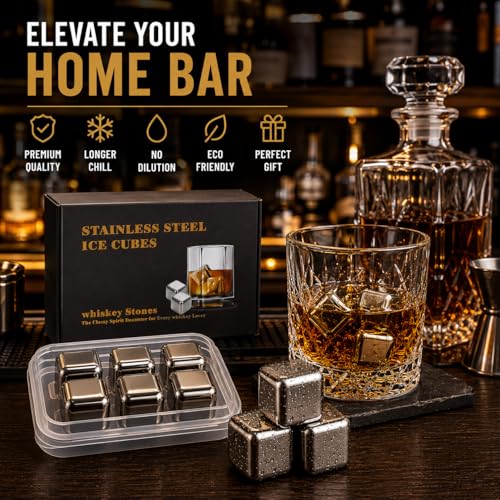 Reusable Stainless Steel Ice Cubes 6 Pack for Whiskey & Cocktails