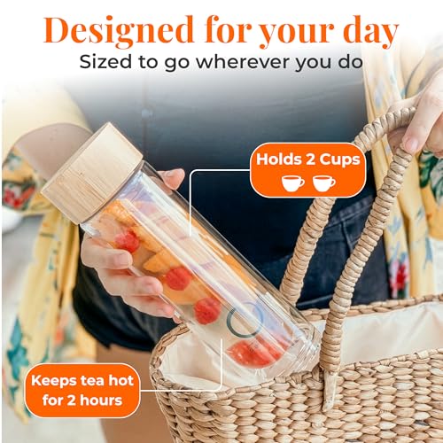Pure Zen Tea Glass Infuser Bottle – Leakproof Travel Tea Tumbler with Stainless Steel Strainer, 15 oz
