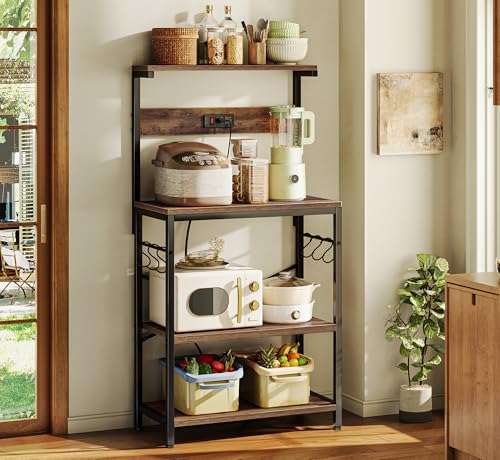 Kitchen Bakers Rack with Power Outlet, 4-Tier Microwave Stand & Coffee Bar