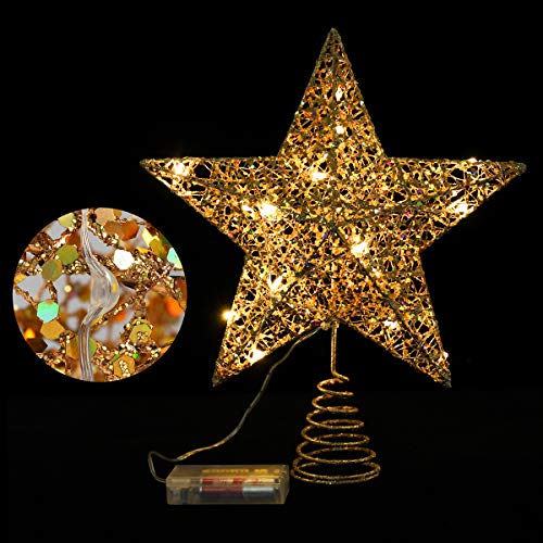 12-Inch Gold Christmas Tree Topper Star with Lights, Elegant Holiday Decor