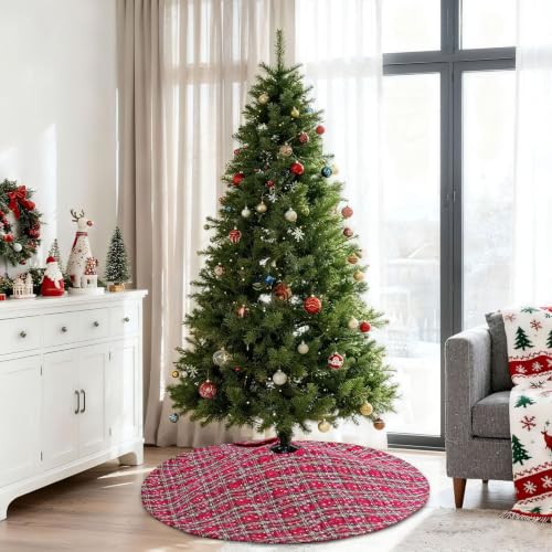 Snowflake Buffalo Plaid Christmas Tree Skirt 55 Inch - Red-Green Variation