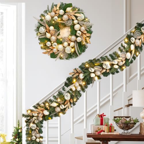 Prelit Christmas Garland with Champagne Gold Ornaments - 6 Ft Holiday Decor with Lights