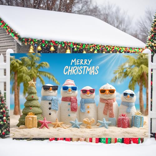 Outdoor Christmas Banner with Snowmen & Palm Trees - Tropical Holiday Yard Decor - Variation 79